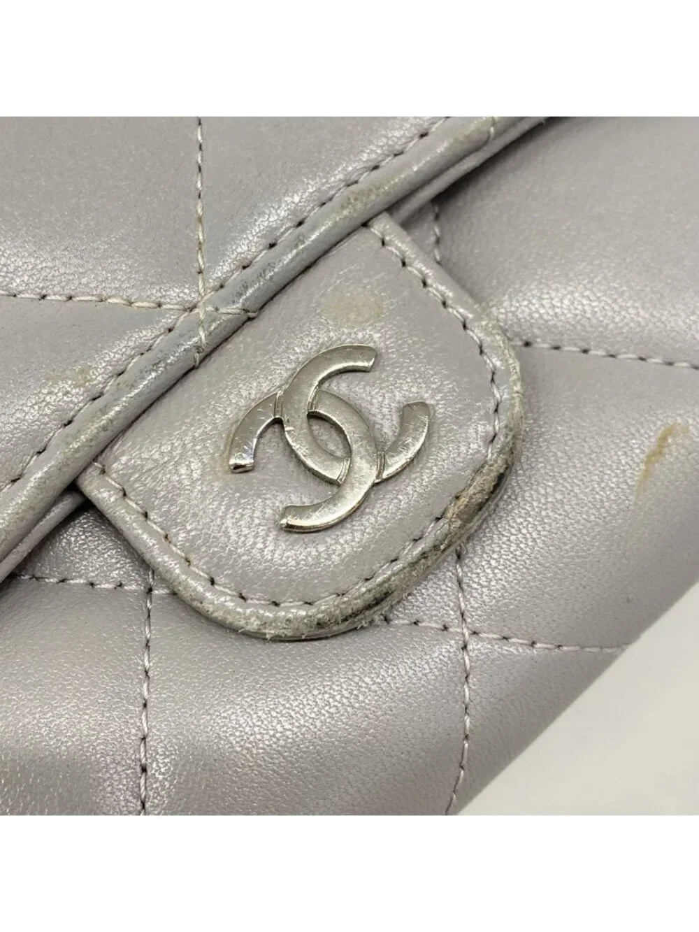 Chanel Wallet Quilted Lambskin Gray Silver